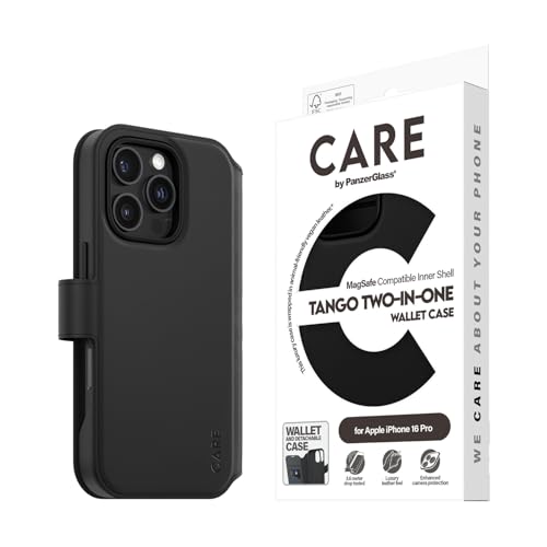 PanzerGlass CARE Étui en cuir Tango pour Apple iPhone 16 Pro 6,3" 2024 | Protection contre les chutes de 4,6 m, étui portefeuille 2 en 1, 3 emplacements pour cartes, coque arrière magnétique amovible,