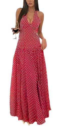 Lingt Chic Women's Polka Dot Maxi Dress Halter Neck Sleeveless