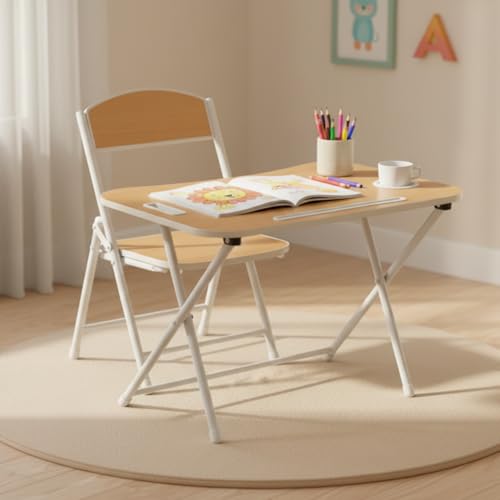 The Tickle Toe Foldable Kids Study Table and Chair Set for Toddlers | Coffee Color | MDF & Metal Frame | 1 Table + 1 Chair | Age 2-5 Years | Compact & Lightweight | Made in India