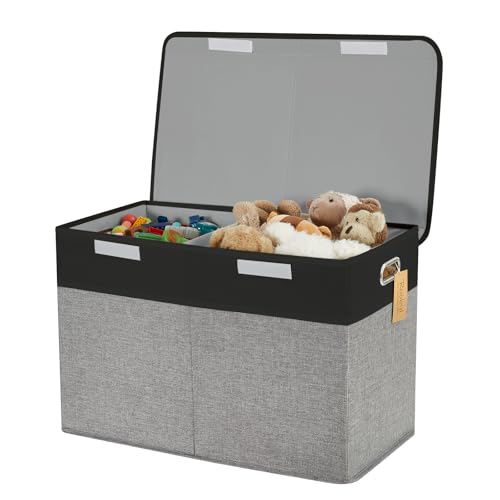 Image of Large Toy Storage Box with Lid, Collapsible Toys Storage Organizer Bins with Dividers and Handles, Storage Chest Bin for Kids, Boys, Girls, Nursery 25 inchx13 inch x16 inch (Balck & Gray)