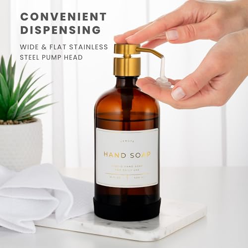 Image of Hand and Dish Soap Dispenser for Kitchen and Bathroom, Set of 2 16 Oz Glass Bottles, Stainless Steel Pumps, Non-Slip Silicone Base, 27 Waterproof Labels (Amber Bottle /Brushed Gold Pump)