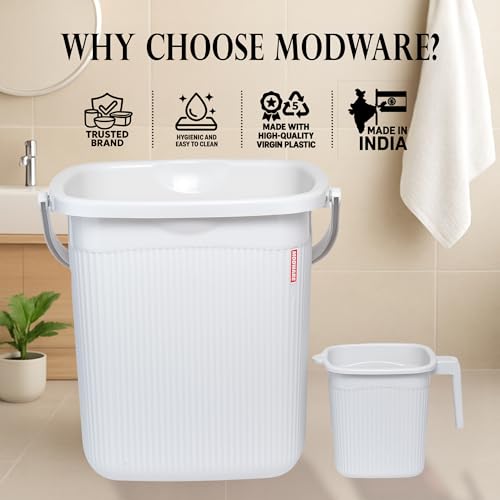 Image of Modware Square Ribbon Plastic Bucket Set with Mug | 18L Brown Bathroom Bucket with Handle + 1L Mug | Heavy-Duty Polypropylene + Co-Polymer | Stylish & Durable Bath Set (White)