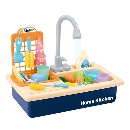 SKYBUCKET Play Kitchen Sink Toys Electric Dishwasher toyith Running Water Automatic Faucets and Tableware Accessories Role Play Kitchen Sink Play Set-Multicolor