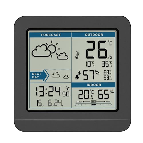 Foto von TFA Dostmann digitale Funk Wetterstation SKY, 35.1152.01, mit Außensensor, Temperatur & Luftfeuchtigkeit innen/außen, Wettervorhersage, Höchst- und Tiefstwerte, Funkuhr, 123 x 52 x 117 mm, schwarz