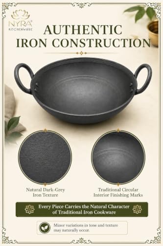Image of NYRA Natural Traditional Black Iron Kadhai for Cooking Handmade Heavy Base Loha Kadai Lokhand /Lokhandi with Handle (Large - 2 LTR)