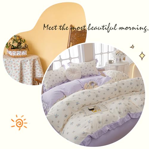Image of Purple Floral Comforter Set Full Girls Princess Bedding Ruffle Comforter Set Vintage Flowers Cottagecore Comforter with 2 Pillowcases Botanical Floral Bedding Lightweight Bed Set for All Seasons