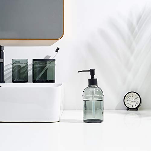 4Pcs Heavy Weight Gray Glass Bathroom Accessories Set With Decorative Pressed Pattern - Includes Hand Soap Dispenser & Tumbler & Soap Dish & Toothbrush Holder (Gray) #TOP2