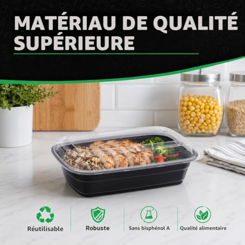 WUHUIXOZ Lot de 50 boîtes à repas de 946 ml avec couvercles, boîtes à bento jetables en plastique réutilisables, sans BPA, passent au micro-ondes, au lave-vaisselle et au congélateur – vue 7