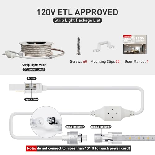 Image of Shine Decor LED Strip Light Easy Connectable, 2800K Warm White Cold Resist Weatherproof Plug-in for Indoor Outdoor, 101 LM /FT Dimmable Bright Eco Rope Lighting 50FT, 120V Whole Set ETL Listed