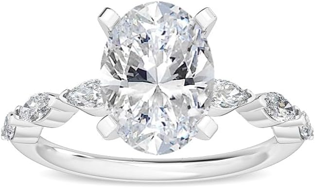 Houston Diamond District 1-5 Carats Oval Marquise Cut LAB GROWN Diamond Side Stone Engagement Ring (Color E-F Clarity VS2-SI1)