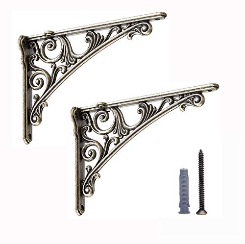 LIDUO Pair of Antique Silver Vintage Retro Cast Shelf Bracket Wall Mounted, Forged Rustic Metal Shelf Support, Modern Home Decorative Bracket for Floating Shelf Storage Chrome 7.8X 5.5 inch