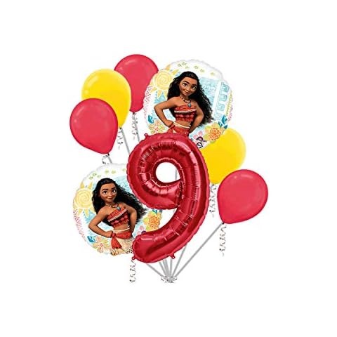 Moana Round Balloon Bouquet 8 pc, 9th Birthday, Red Number 9 Jumbo Balloon | Viva Party Balloon Collection Cover