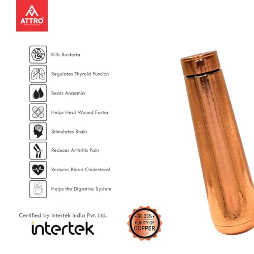 Image of ATTRO Arth Copper Bottle Design Boosts Immunity Leakproof & Lightweight |Anti-Bacterial, BPA Free with Secure Cap for School, Travel, Gym & Work 900ml Carving