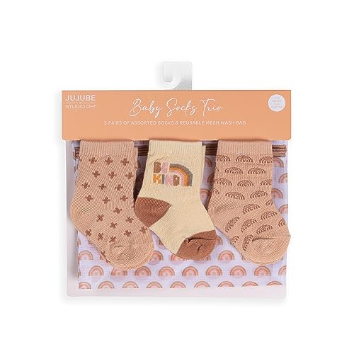 Image of JuJuBe x Studio Oh! Baby Essentials, Baby Socks Trio - 3 Pairs of Ankle Socks for Infants, 3-12 Months, Includes Mesh Wash Bag - Be Kind Rainbows