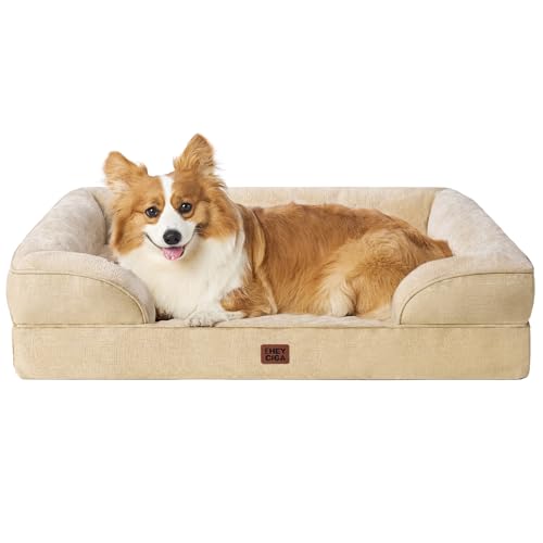 Image of EHEYCIGA Orthopedic Dog Bed for Large Dogs, Waterproof Memory Foam With Sides, Non-Slip Bottom, Egg-Crate Foam Couch, Washable Removable Cover, Greige
