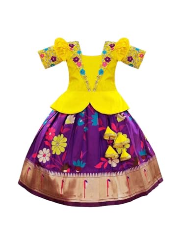 Image of White Button Girls South Indian Pattu Pavadai | Traditional Digital Print Satin Lehenga Choli Set