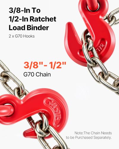 Image of VEVOR 9215LBS 3 /8 inch - 1 /2 inch Ratchet Binders 9,215 LBS Secure Working Load, G70 Hooks and Adjustable Length, for Grade 70-80 Chains, Tie Down, Hauling, Towing, 2-Pack, Red