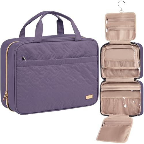 Image of NISHEL Travel Toiletry Bag for women, Portable Hanging Organizer for Family-Sized Shampoo, Conditioner, Brushes Set, Makeup Accessories, Extra Large Size, Purple