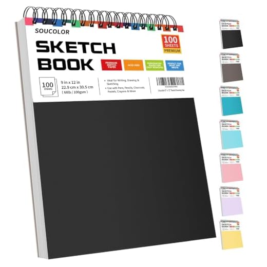 Soucolor 9" x 12" Sketch Book, 100 Sheets Top Spiral Bound Sketchbook with Acid-Free 68lb/100gsm Thick Drawing Paper, Art Sketch Pad for Kids, Adults & Artist, Professional Art Supplies for Beginners