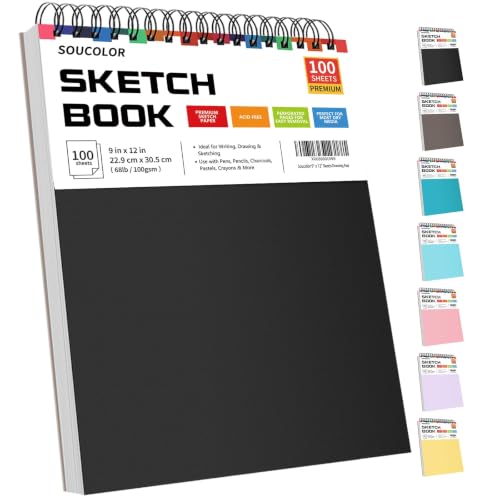 Soucolor Sketch Book 9x12,100 Sheets, Kids Art Sketchbook for Drawing Pad