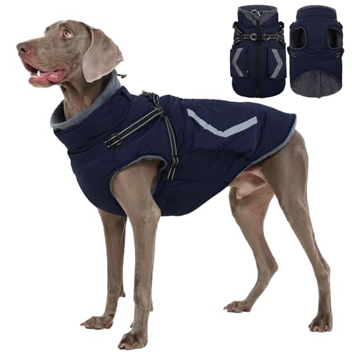 FUAMEY Reflective Dog Winter Coat, Fleece Lined Jacket for Large Dogs Back Zipper, Turtleneck Cozy Doggy Vest Thermal Clothes with Harness, Cold Weath