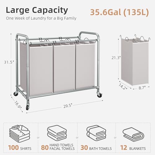 Image of STORAGE MANIAC 3 Section Laundry Sorter, 35.6 Gal (135 L) Laundry Hamper Cart with Heavy Duty Rolling Lockable Wheels and Removable Bags, Clothes Organizer Basket Separator Hamper, Gray