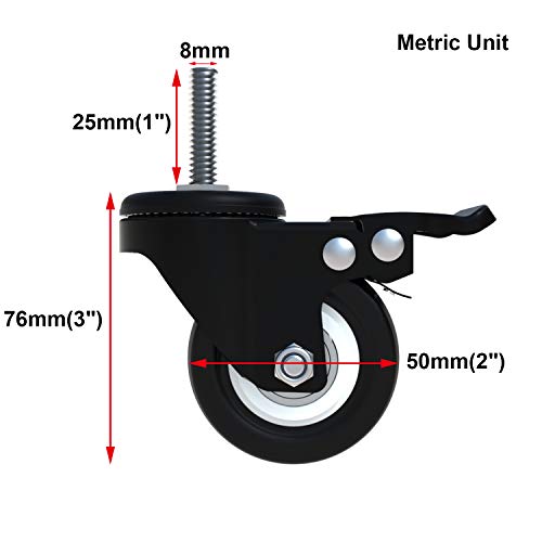 Aagut 4 Pack 2" Swivel Stem Casters With Brake Lock M8X25Mm Stem Caster Heavy Duty Pu Rubber Castors, Nuts Included #TOP1
