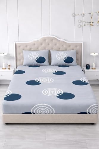 Image of 300 TC Cotton Feel Glace Cotton Elastic Fitted Bedsheet for King Size Double Bed | Fits up to 8 Inch Mattress | Printed Bedsheet with 2 Pillow Covers (Gray Gola, Queen Size - 60 inchx78 inch)