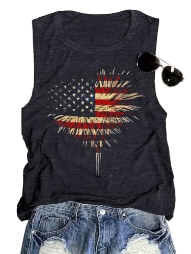 Buynaw 4th of July Patriotic Tank Tops Women Heart Graphic Tees Summer Sleeveless American Flag Shirts Gym Yoga Tunic Tops (Dark Gray1, XL)