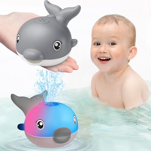 Image of Bath Toys, Light Up Dolphin Baby Bath Toys for Babies 6-12 12-18 Months, Rechargeable Sprinkler Musical Toys, Easter Basket Stuffers Bathtub Toys for Toddlers 1-3 2-4 Boys Girls Infant Kids- Grey