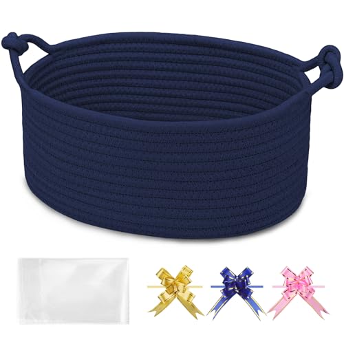 BOSROTY Baby Gift Baskets Empty with Handle Small Woven Basket with Gift Bags and Ribbons Decorative Organizer Box for Baby Pet Toy 12 x 8 x 5 Navy Blue
