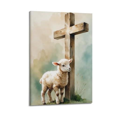 Toile agneau et croix aquarelle peinture décorative esthétique QXYUIN