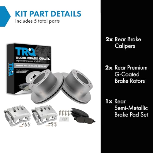Image of TRQ Rear Brake Pad, Caliper, & Rotor Kit Semi-Metallic Vented Premium G-Coated Compatible with 2005-2007 Ford F-250 Super Duty F-350 Super Duty