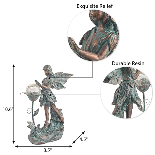TERESA'S COLLECTIONS Garden Fairy Large Bronze Garden Sculptures & Statues Resin with Solar Outdoor Light, Valentines Decorations Lawn Ornaments for Outdoor Decor, Gifts for Women Mom, 11"