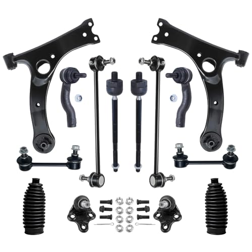 Image of Detroit Axle - Front End 14pc Suspension Kit for 2001-2005 Toyota Rav4 2002 2003 2004, 2 Lower Control Arms, 2 Lower Ball Joints, 4 Inner & Outer Tie Rods, 4 Front Rear Sway Bars, 2 Boots, Replacement