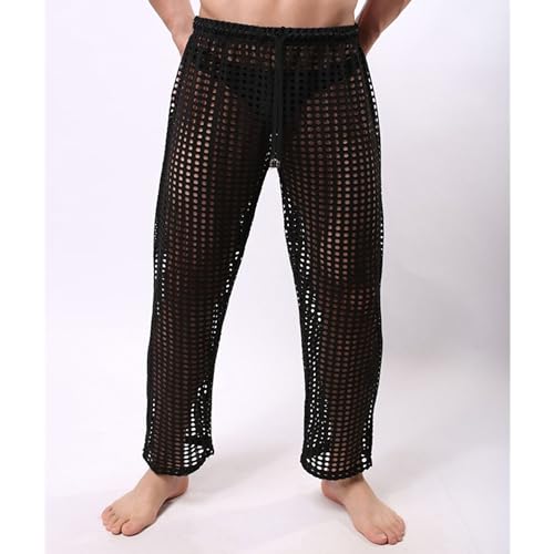 JEKE-DG Men's See Through Mesh Pant Fishnet Openwork Lingerie Pants Drawstring Sexy Long Pants Pajamas Bottoms3
