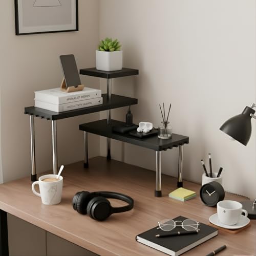 Image of ABJA Stylish Heavy Duty Kitchen Organizer Rack Stand, Corner Shelf for Kitchen, Bathroom & Office, Counter top organizer, 3 Tier Spice rack organiser (ABS Plastic with Stainless Steel Legs, Black)