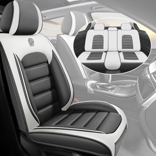 CVQAZ Car Seat Covers for VW Tiguan 2009-2024 Durable Leather Seat Cover Waterproof Anti-Slip Seat Covers All Weather Car Seat Automotive Seat Protector(5 Seats,White&Gray-Standard)
