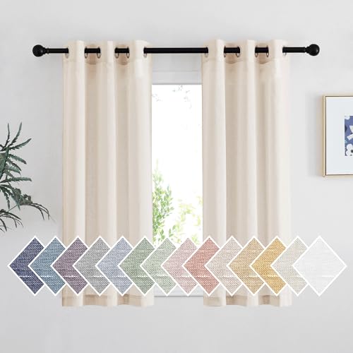 NICETOWN Beige Linen Sheer 48 inch Curtains, Grommet Flax Semi Sheer Linen Blend Window Treatments Privacy with Light Filtering Drapes for Cafe/Kitchen, W36 x L48, 2 Panels