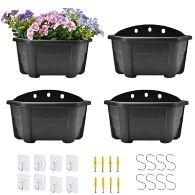 ORIMERC 4 Pcs 9.8" Wall Hanging Planter Flower Pot for Railing Fence Balcony Indoor Outdoor Décor Plastic Kitchen Herb Plant Basket Vertical Garden Living Wall Mount-Half Round-Flat Backed-Dark Coffee