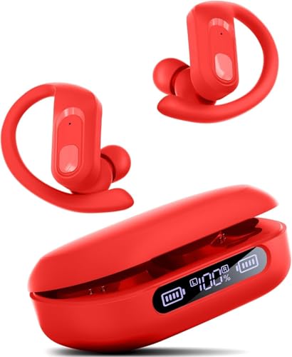 occiam Wireless Earbuds Bluetooth Headphones Ear Buds 96Hrs Playback Sport Over-Ear Waterproof Wireless Headphones Earphones with Earhooks ENC Mics Clear Call for Sport Running Workout (Red)