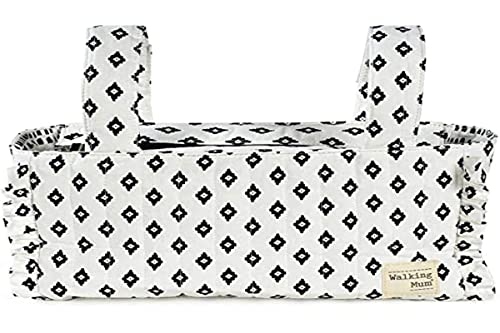 Walking Mum. Bolso organizador Boho Chic. Bolsa de maternidad para silla de paseo. Asas cortas para fijar al carro. Color Blanco/Negro. Medidas 31X17X12 cm.
