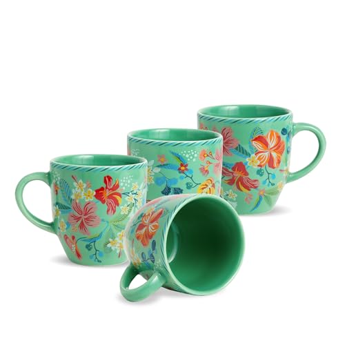 Image of Shay Ceramic Coffee Mug Set, Set of 4, 300ml, Big Bold Floral | Medium Mug | Glossy Finish | Ceramic Cup | Microwave Safe (Mint Big Bold Milk Mug, Set of 4)