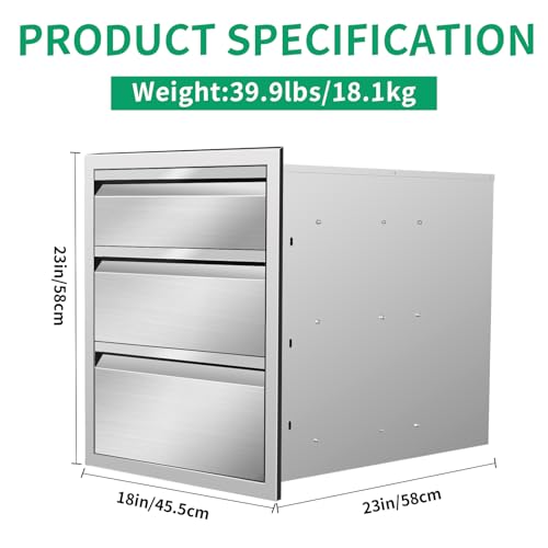 Image of OuOutdoor Kitchen Drawers 18 inch W x 23 inch H x 23 inch D Stainless Steel Triple Drawers with Hidden Handle for BBQ Island, Patio Grill Station & Outdoor Kitchen Cabinets