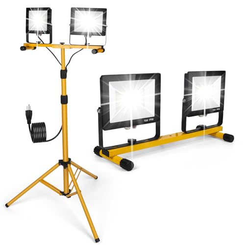 14000Lumens LED Work Lights with Stand, 2 Adjustable Work Lamp Head with Individual Switch, IP66 Waterproof Tripod Work Light for Outdoor Indoor Job S