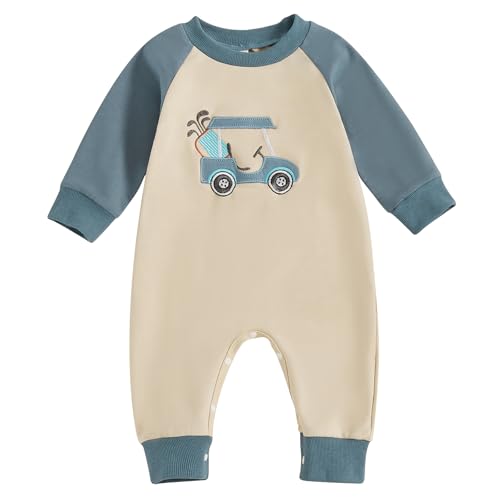 Infant Baby Boy Golf Outfit Crew Neck Embroidery Golf Cart Romper Jumpsuit Patchwork Long Sleeve One Piece Playsuit