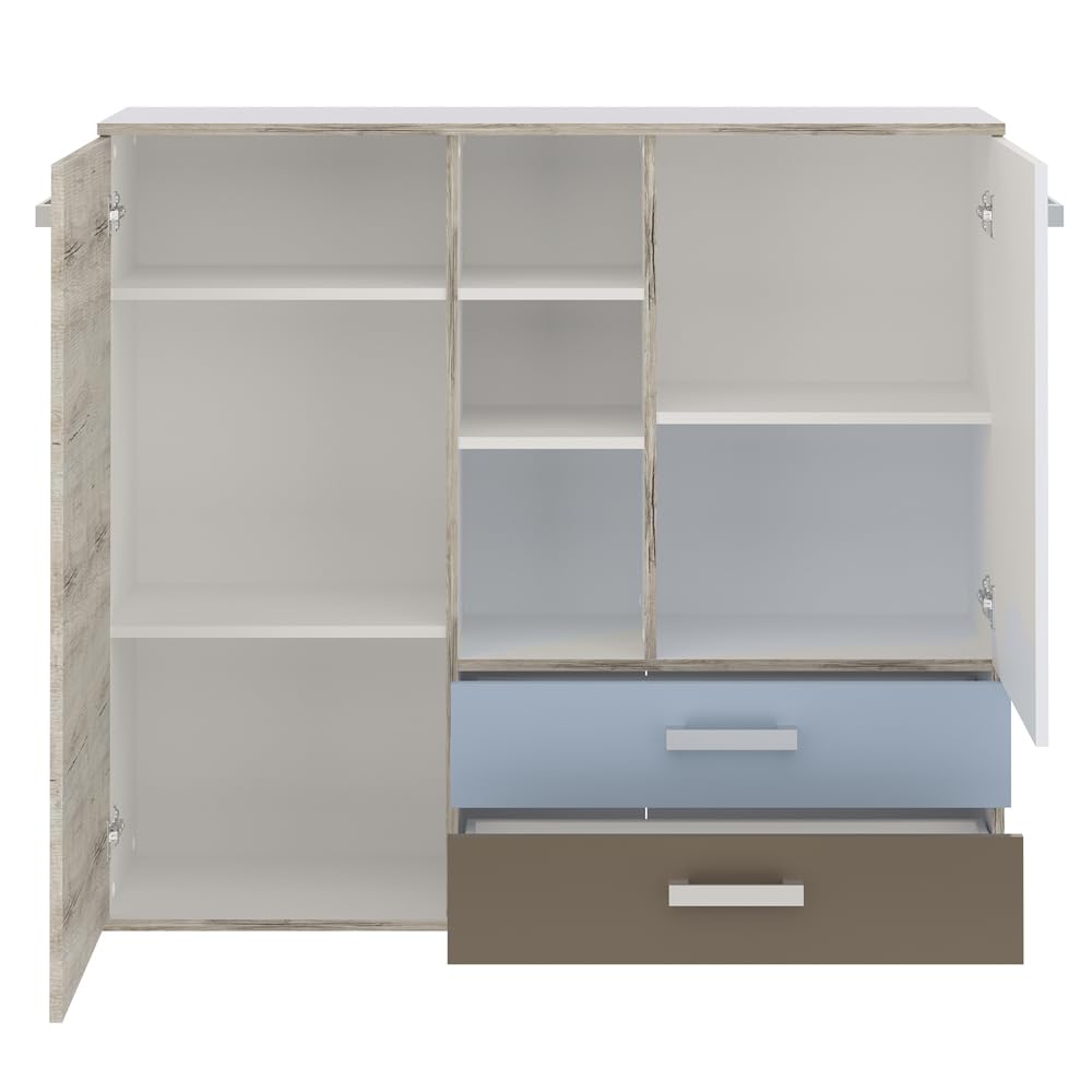 Lomadox Jugendzimmer Kinderzimmer Komplett Set, Sandeiche mit weiß, Lava blau, 90x200 Bett, Kleiderschrank, Nachttisch