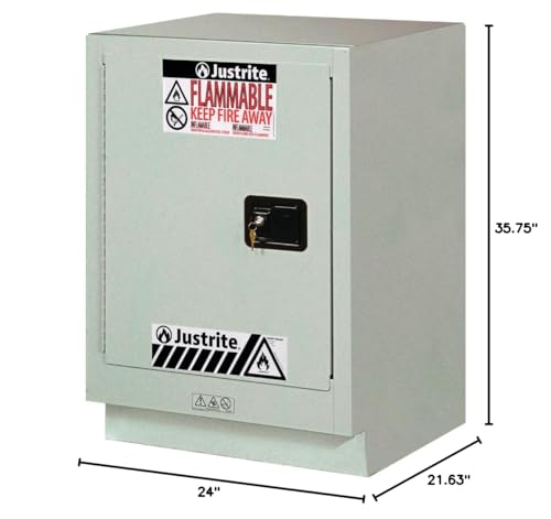 Image of Justrite Acid Corrosive Storage Cabinet - 15 Gallon 1 Door Self Close Chemical Storage Cabinet with ChemCor Coating - 22 inch x 36 inch x 24 inch - Made in The USA - Silver - 8825342