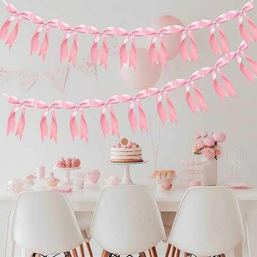 Image of 2pcs Bow Garland Banner Ribbon Bow Party Decorations for Baby Shower Decor Tying The Knot Girls Bow Coquette Birthday Party Decoration (Pink)