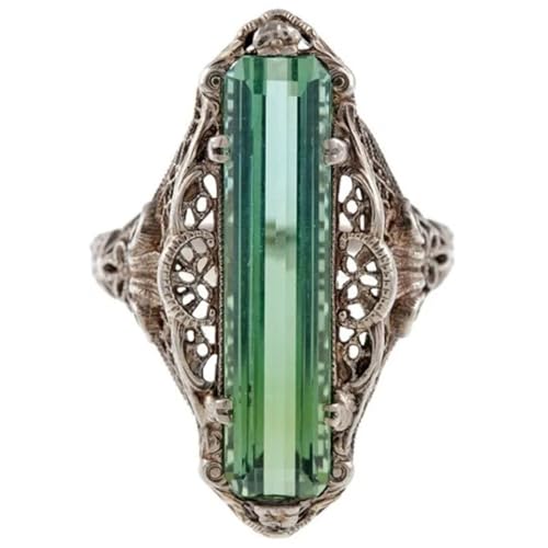 Vintage Hollow Flower Green Zirconia Ring for Women Emerald Rectangle Ring for Women Promise Eternity Ring Large Crystal Cubic Zirconia Stacking Rings Prom Wedding Bridal Finger Jewelry for Her (8)